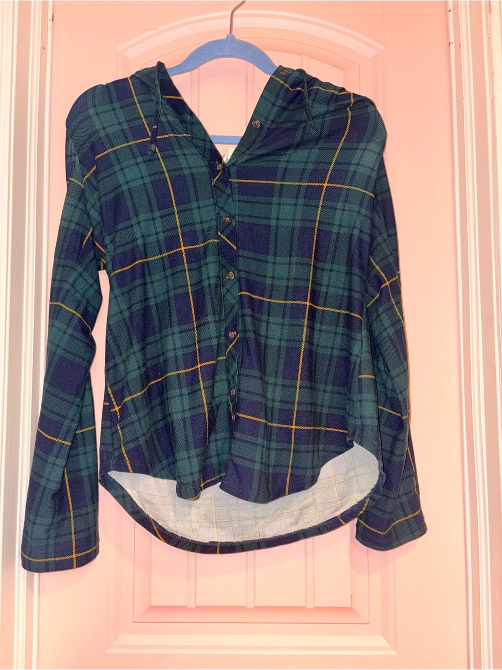 Green & Navy Plaid Hooded Flannel - M